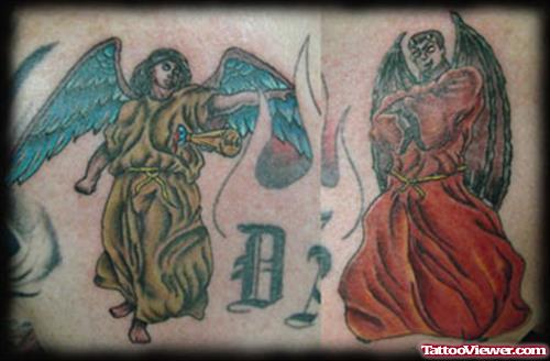 Colored Ink Angel And Devil Tattoo