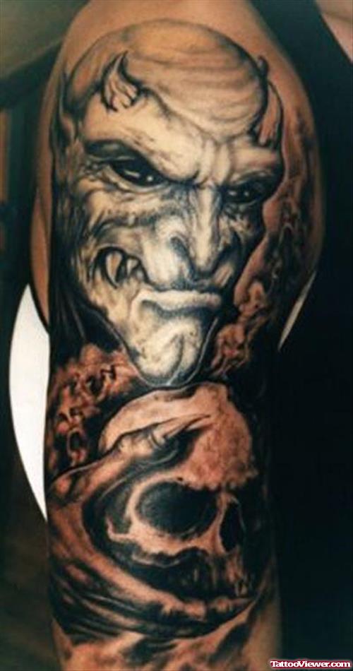Awesome Grey Ink Devil Tattoo On Right Sleeve For Men