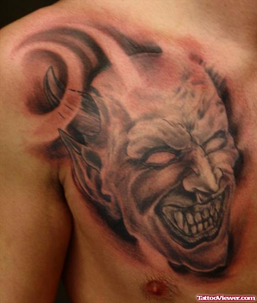 Happy Devil Face Tattoo On Chest