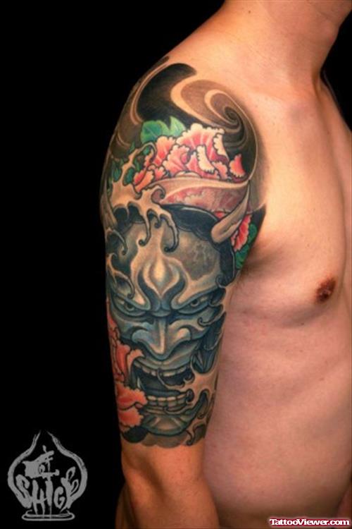 Half Sleeve Asian Devil Face Tattoo