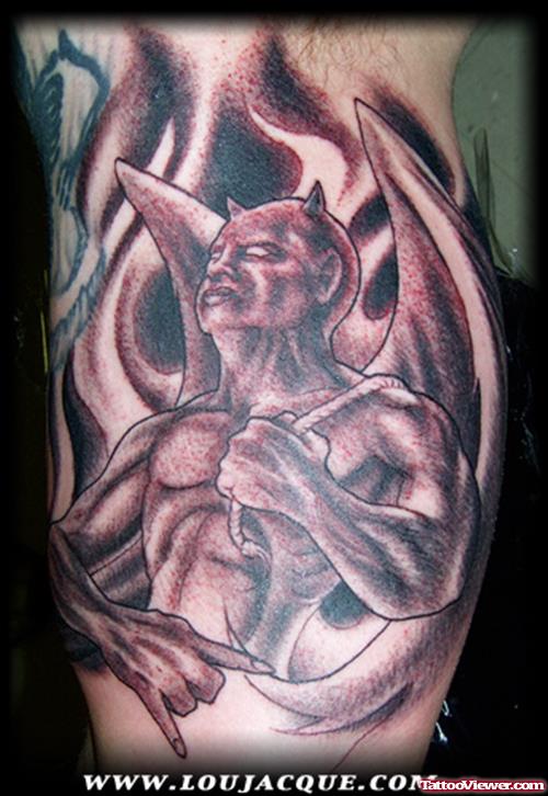 Grey Ink Devil Tattoo On Leg