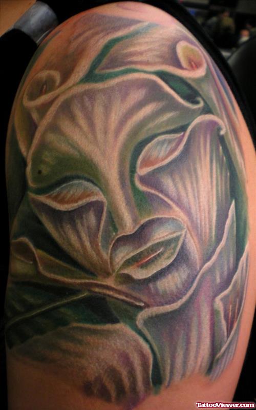 Grey Ink Devil Head Tattoo On Shoulder