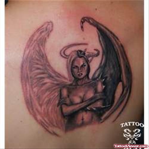 Girl with angel And Devil Wing Tattoo