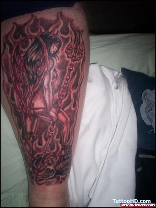 Devil Girl In Fire Tattoo On Leg