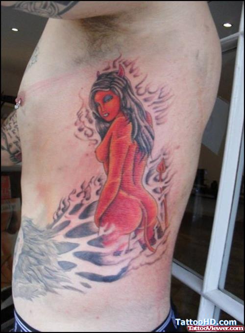 Attractive Devil Girl Tattoo On Man Side Rib