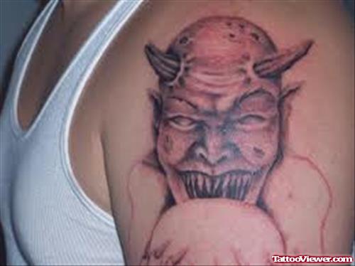 Scary Devil Tattoo On Man Left Shoulder