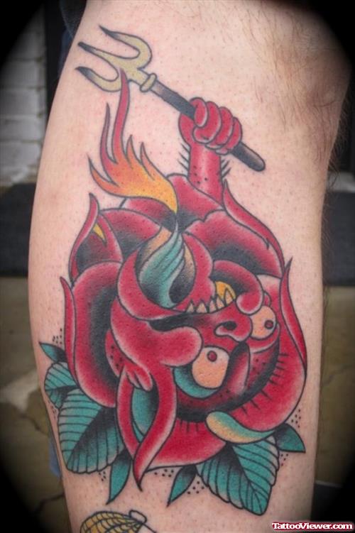 Red Rose And Devil Tattoo On Back Leg