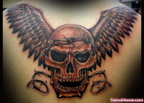 Grey Ink Winged Devil Skull Tattoo On Back