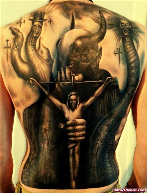 Jesus n The Devil Tattoo On Back