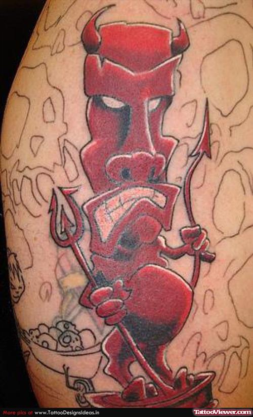 Red Ink Devil Tattoo On Shoulder