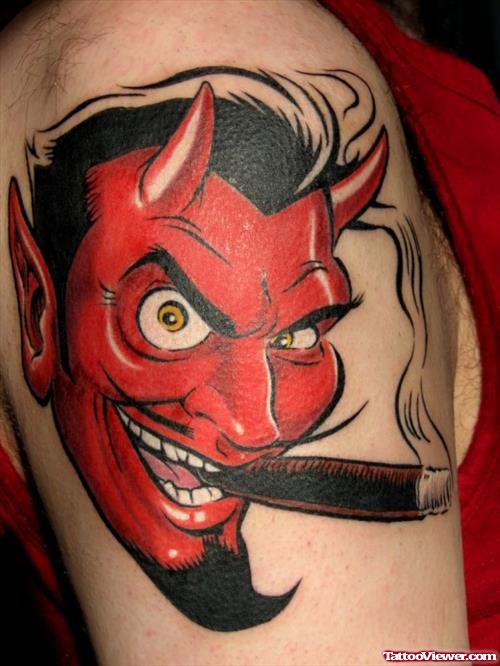 Red Smoking Devil Tattoo Shoulder