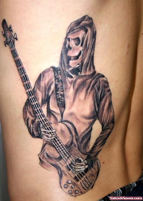 Grey Ink Guitar Devil Tattoo On Back