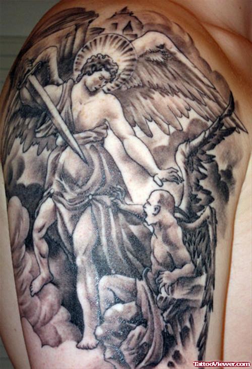 Grey Ink Archangel And Devil Tattoo On Shoulder