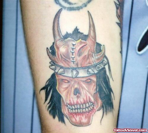 Devil Skull With Crown Tattoo On Arm