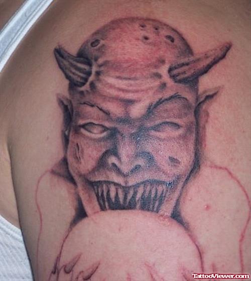 Scary Devil Tattoo On Shoulder