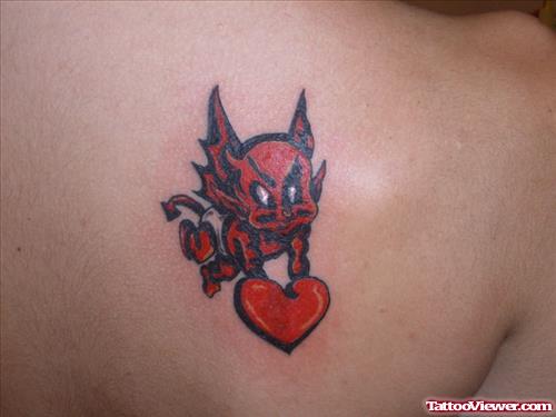 Red Ink Devil Tattoo On Right Back Shoulder