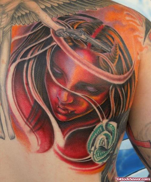 Red Devil Girl Tattoo On Back Shoulder