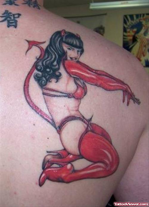 Red Ink Devil Girl Tattoo On Right Back Shoulder