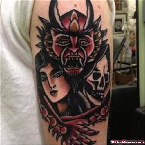 Grey Ink Girl Head And Skull With Devil Tattoo On Half Sleeve