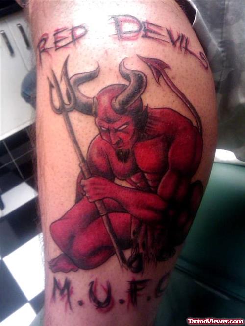Colored Red Devil Tattoo On Leg