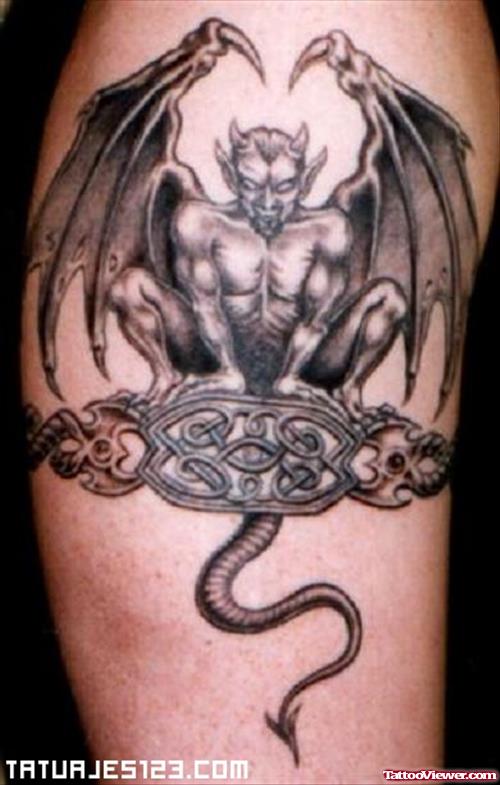 Awesome Grey Ink Gargoyle Devil Tattoos On Half Sleeve