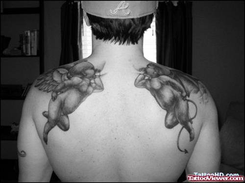 Angel Cherub And Devil Tattoos On Back Shoulders