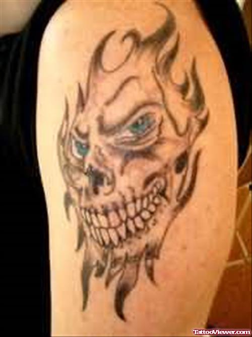 Tribal Devil Face Tattoo On Half Sleeve