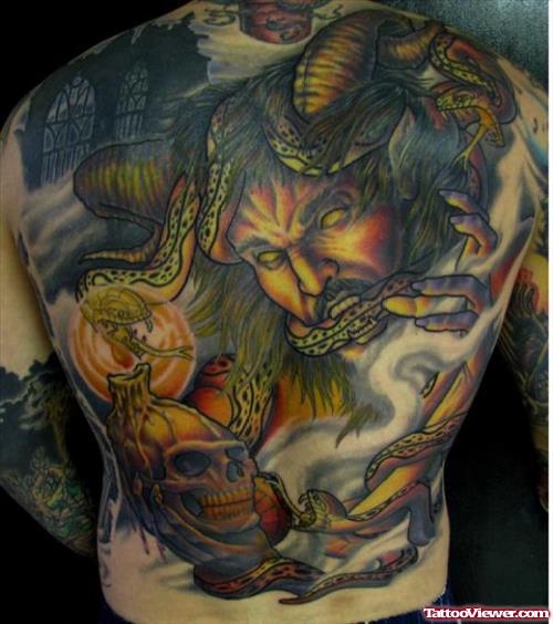 Skull Candle Snakes & Devil Tattoo On Back