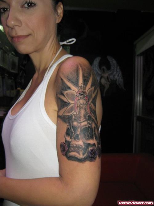 Skull And Devil Girl Tattoo On Left Half Sleeve