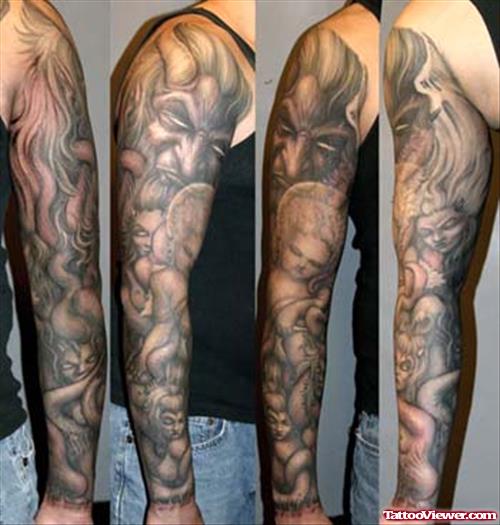 Grey Ink Devil Tattoos On Sleeve