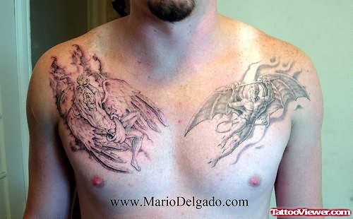 Angel And Devil Tattoos On Man Chest