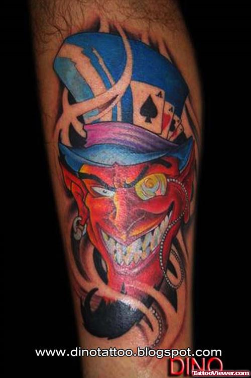 Smiling Devil With Blue Hat Tattoo Design