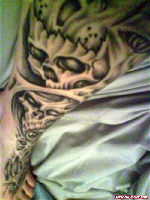 Grey Ink Devil Tattoo On Leg For Men