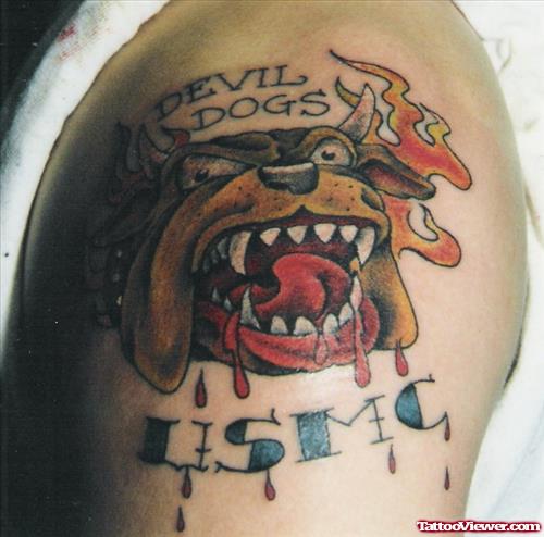 Devil dog Colored Tattoo On Shoulder