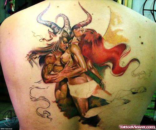 Colored Devil Tattoo On Back