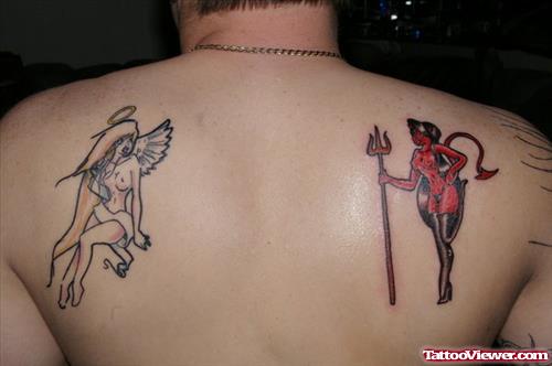 Angel And Devil Tattoo On Back Body