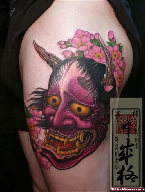Pink Asian Devil Face Tattoo Design