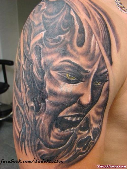 Grey Ink Devil Girl Head Tattoo Onj Half Sleeve