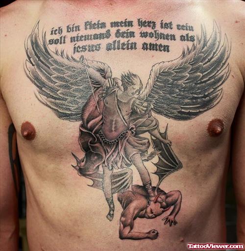 Grey Ink Archnagel And Devil Tattoo On Man Chest