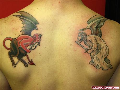 Grey Ink Angel And Red Devil Tattoo On Back