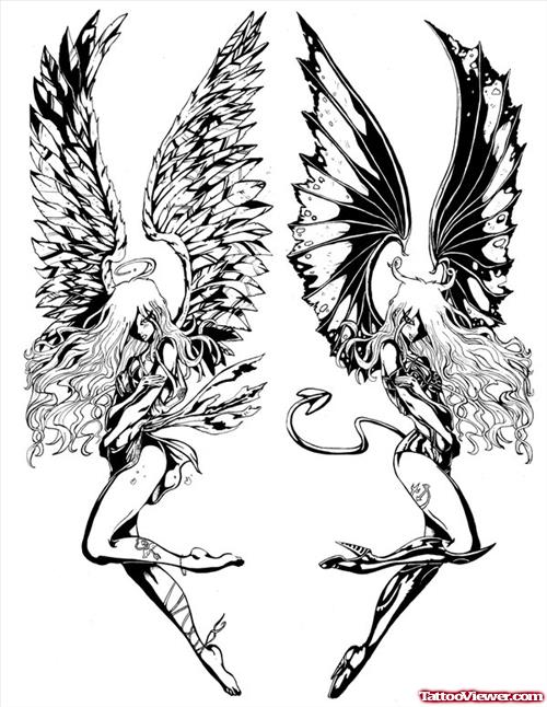 Grey Ink Angel And Devil Tattoos Designs