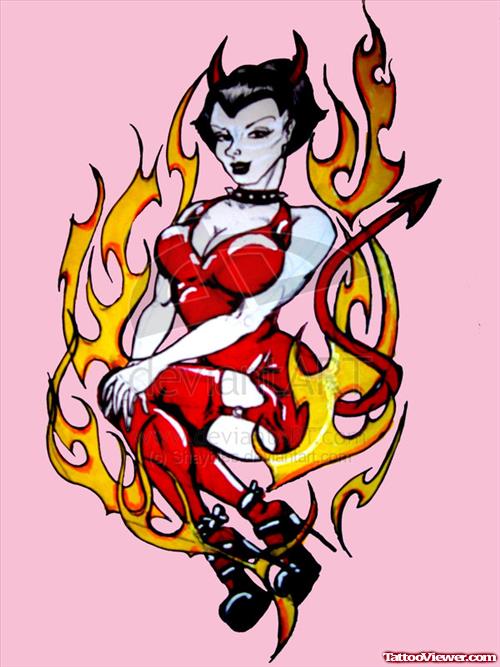 Flaming Devil Woman Tattoo Design