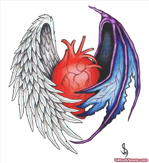 Human Heart With Angel And Devil Wing Tattoo Design