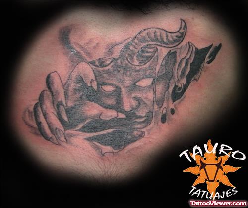 Grey Ink Devil Ripped Skin Tattoo