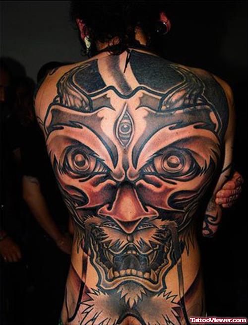 Grey Ink Devil Head Tattoo On Back