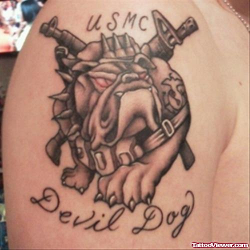 Grey Ink Devil Dog Tattoo On Shoulder