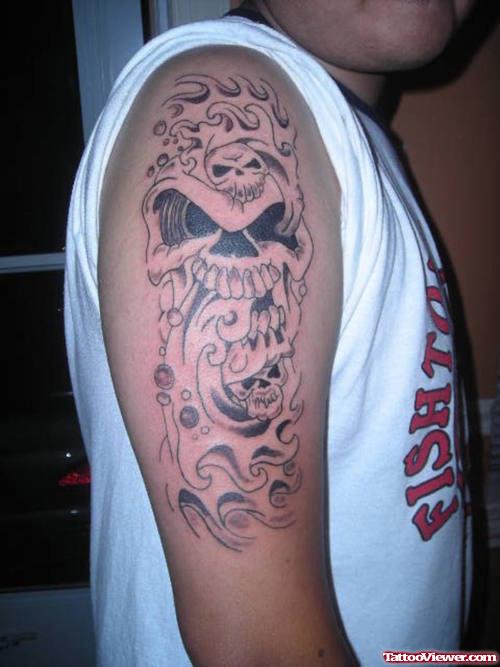 Flaming Devil Skull Tattoo On Right Sleeve