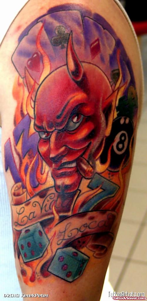 Devil With Dices Tattoo On Arm