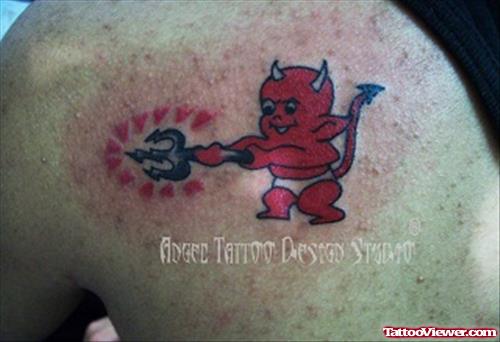 Cute Devil Tattoo On Back Shoulder