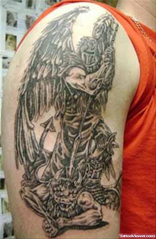 Grey Ink Devil Man Tattoo On Right Half Sleeve